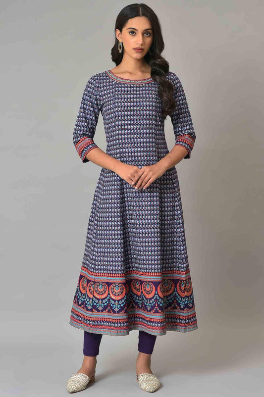 W for Woman Purple Printed Kalidar kurta With Tights