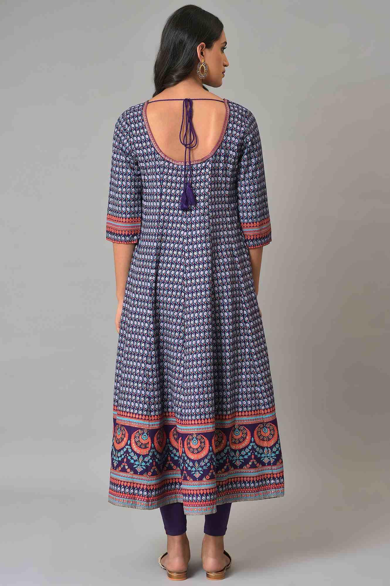 W for Woman Purple Printed Kalidar kurta With Tights