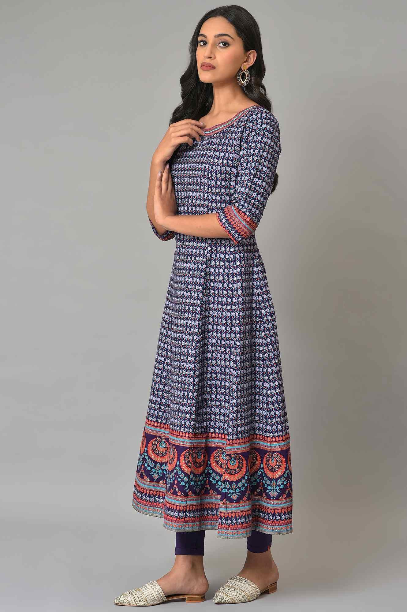 W for Woman Purple Printed Kalidar kurta With Tights