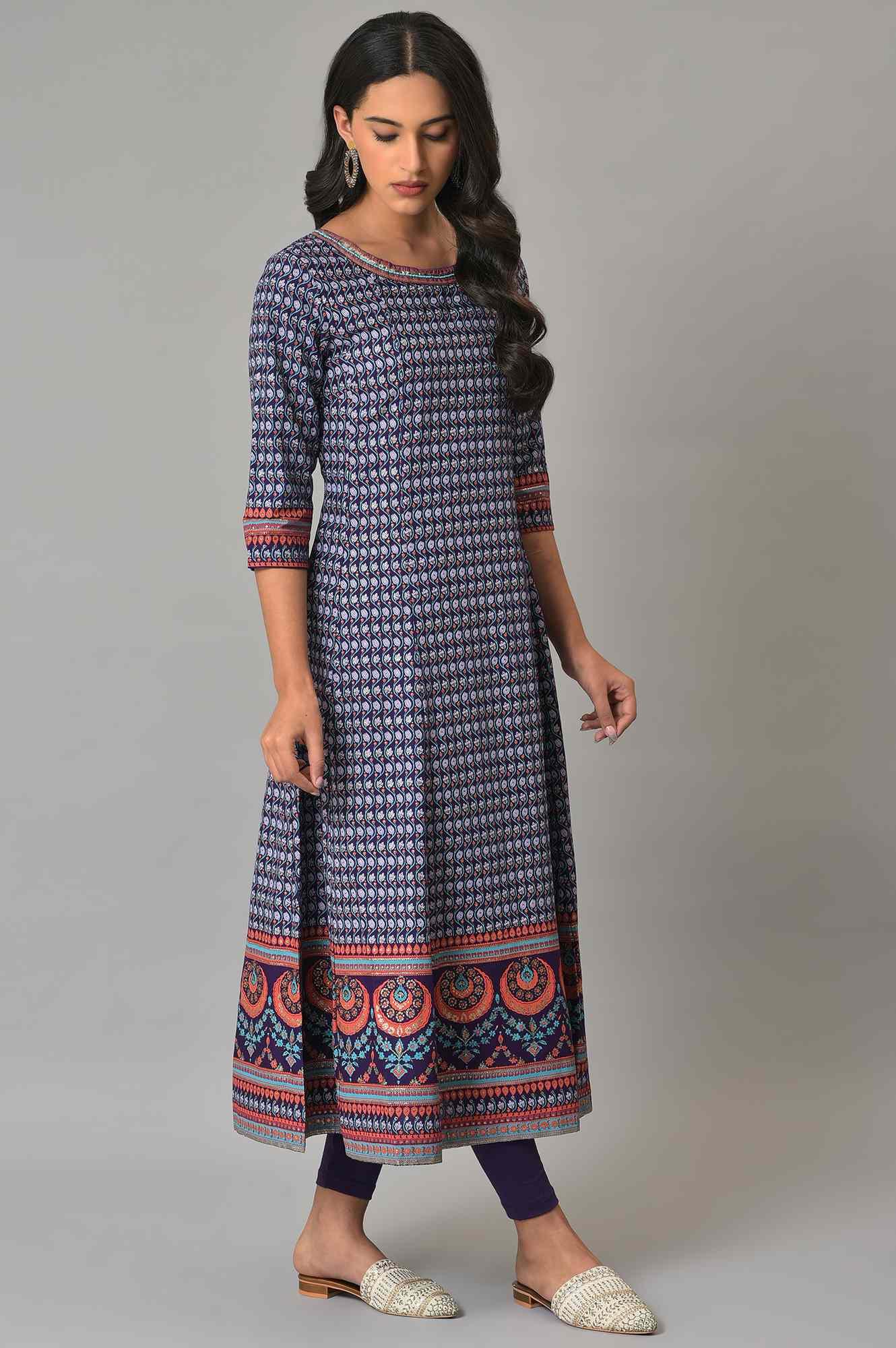 W for Woman Purple Printed Kalidar kurta With Tights