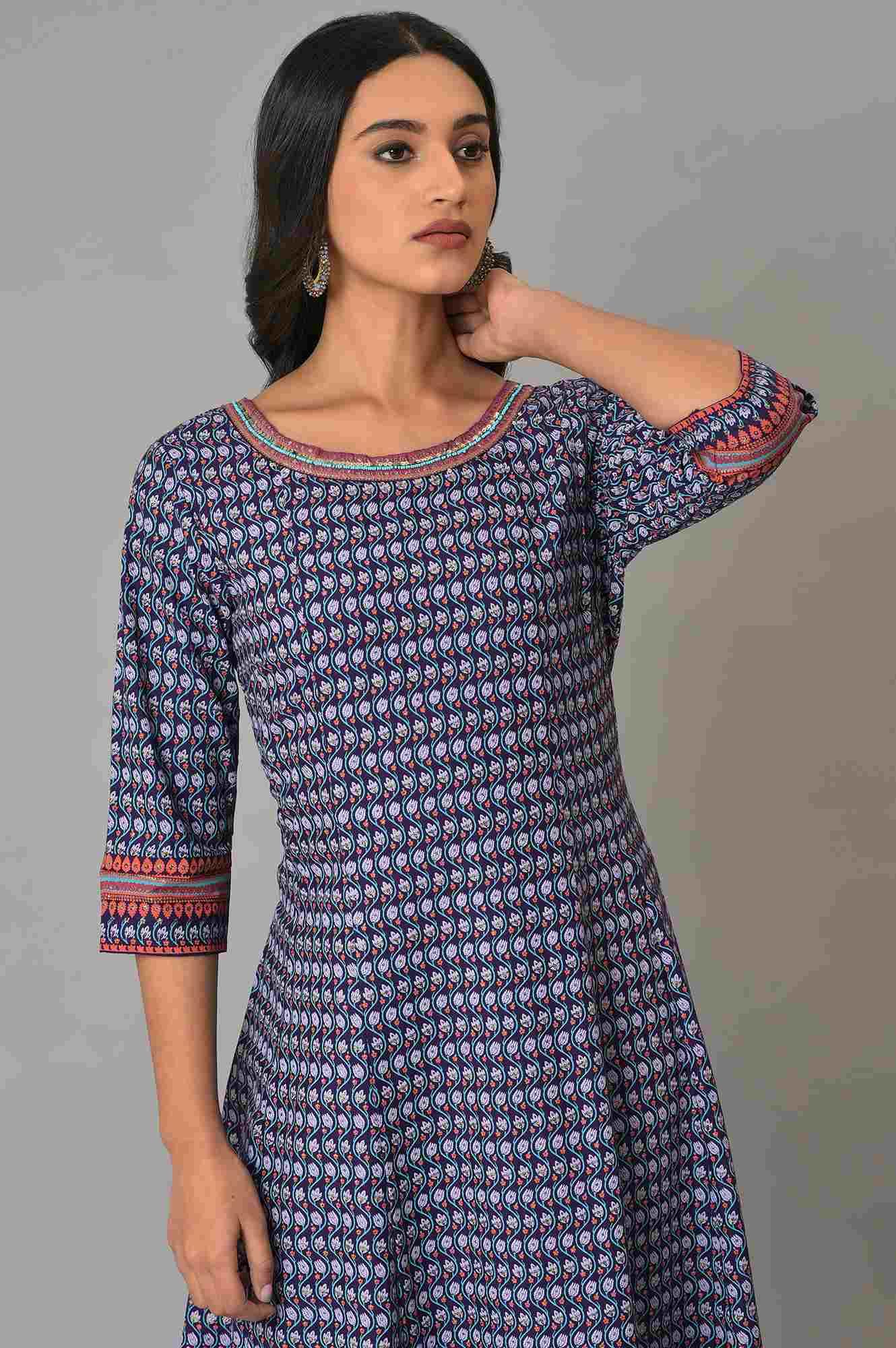 W for Woman Purple Printed Kalidar kurta With Tights