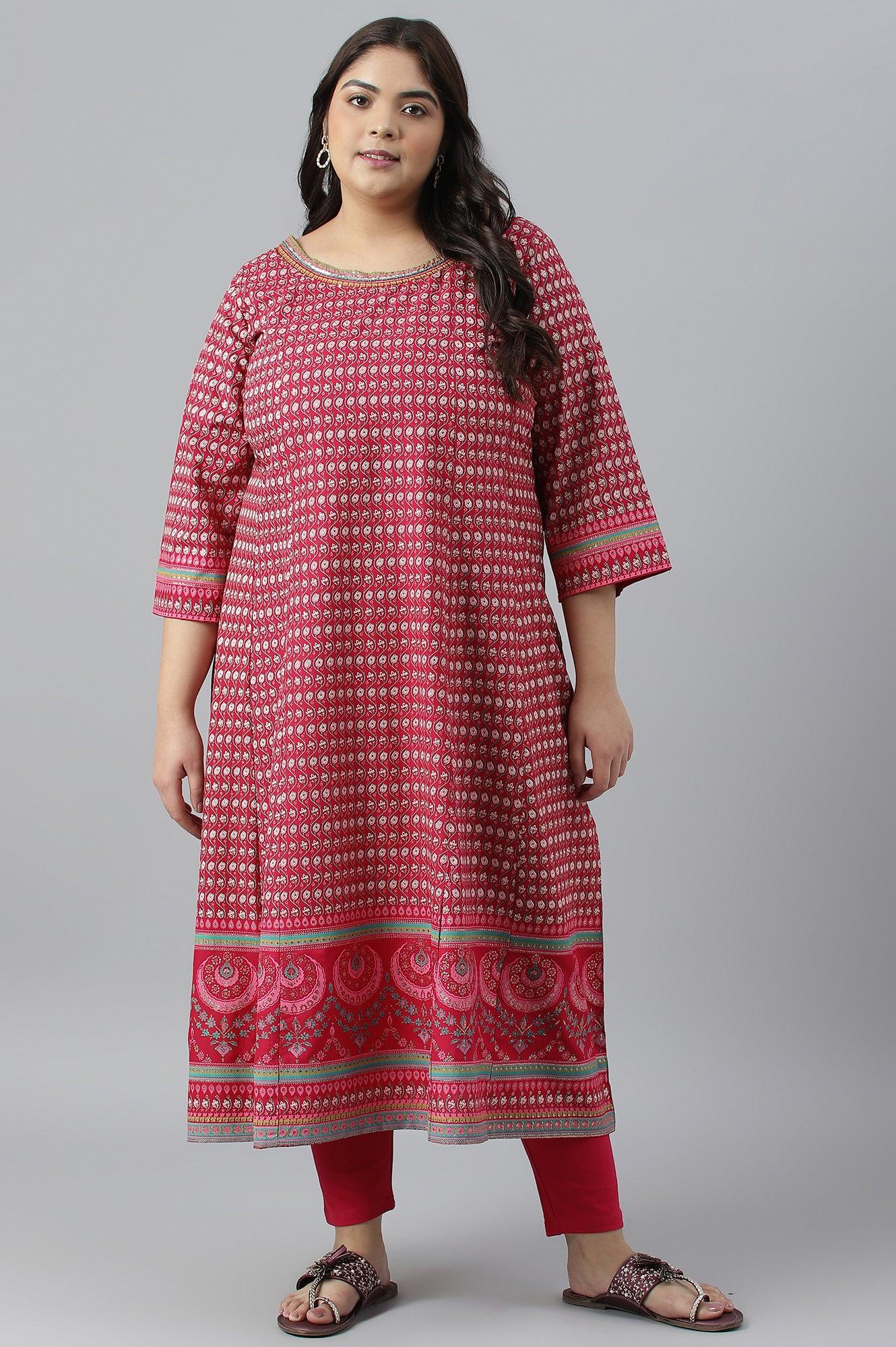 W for Woman Dark Pink Printed Plus Size Kalidar kurta