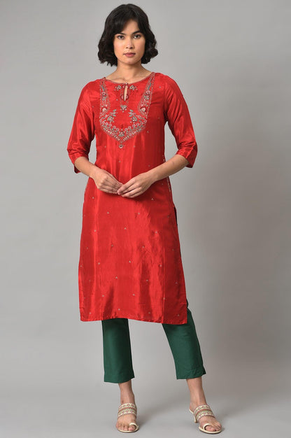 W for Woman Red Embroidered Shantung kurta