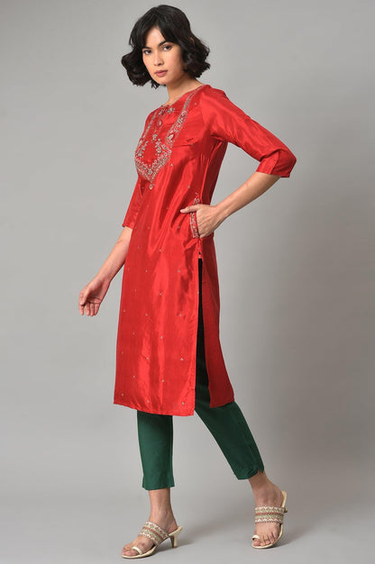 W for Woman Red Embroidered Shantung kurta