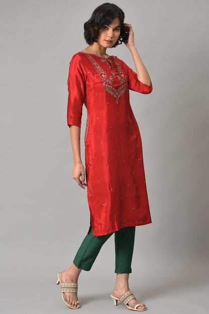 W for Woman Red Embroidered Shantung kurta