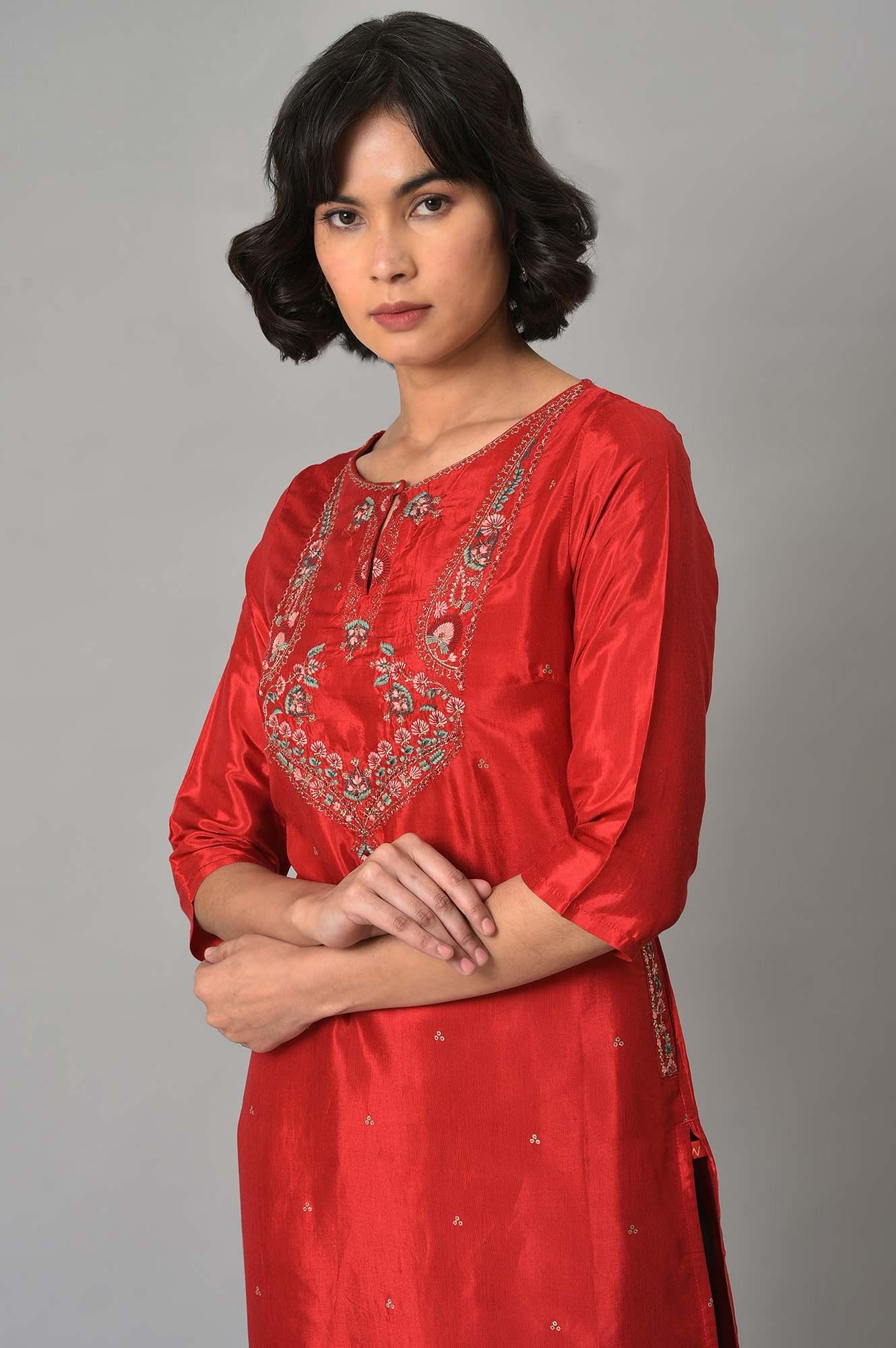 W for Woman Red Embroidered Shantung kurta