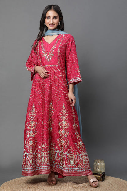 W for Woman Pink Glitter Printed Kalidar Dress And Dupatta Set
