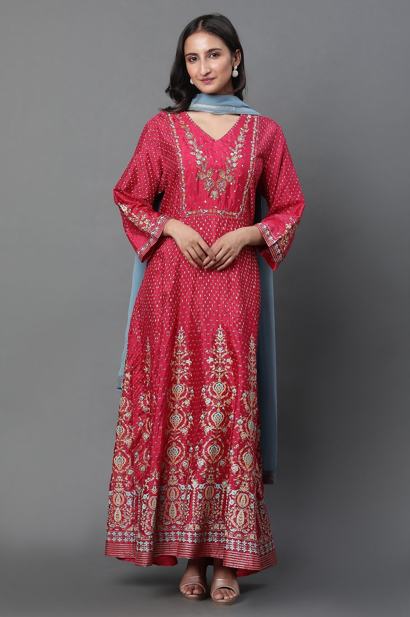 W for Woman Pink Glitter Printed Kalidar Dress And Dupatta Set