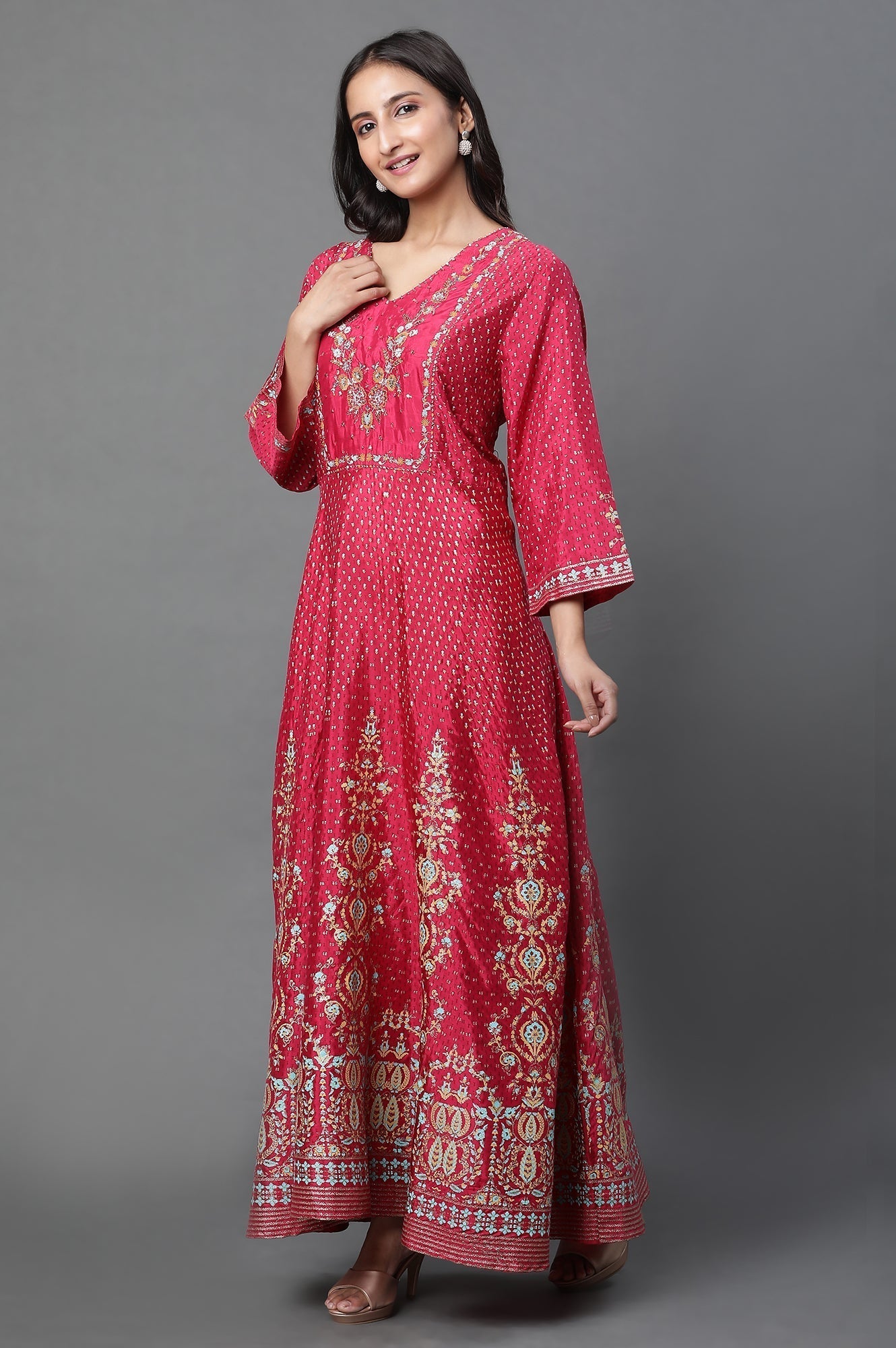 W for Woman Pink Glitter Printed Kalidar Dress And Dupatta Set