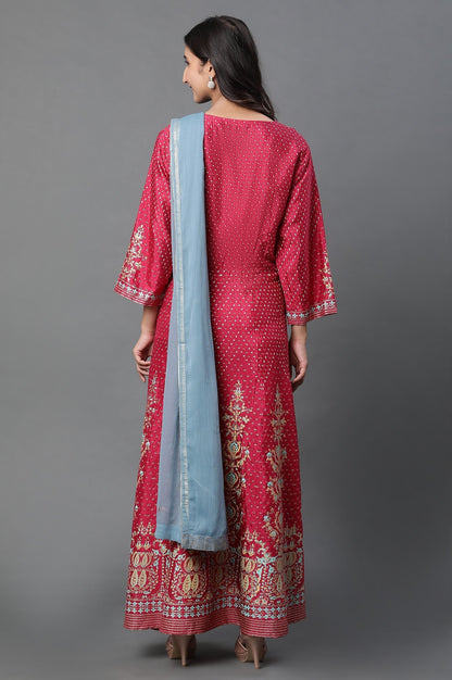W for Woman Pink Glitter Printed Kalidar Dress And Dupatta Set