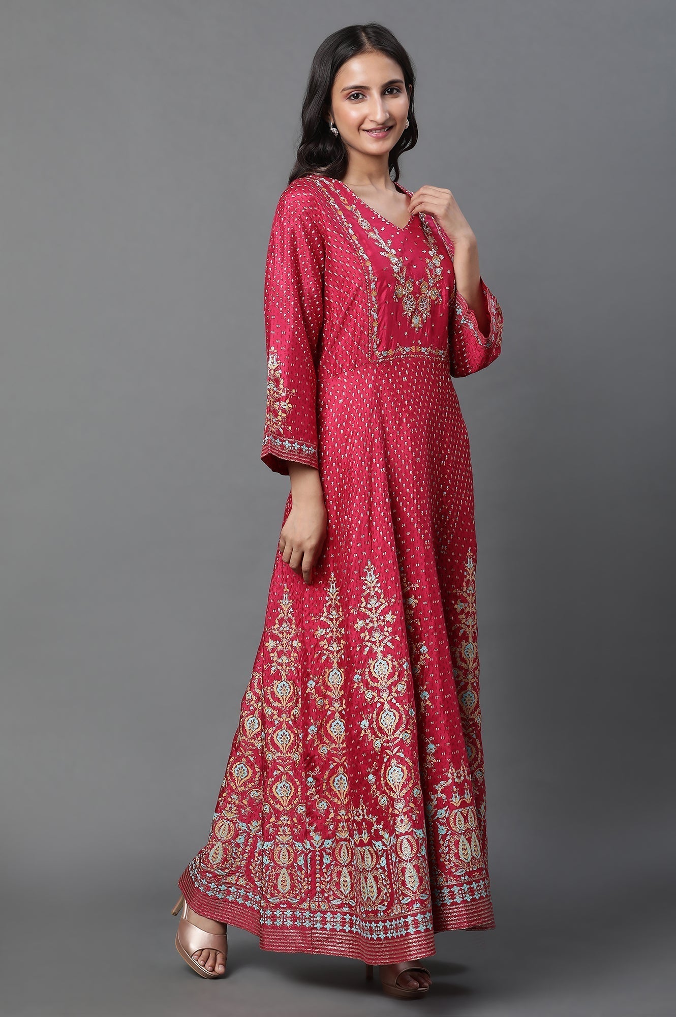 W for Woman Pink Glitter Printed Kalidar Dress And Dupatta Set