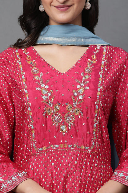 W for Woman Pink Glitter Printed Kalidar Dress And Dupatta Set