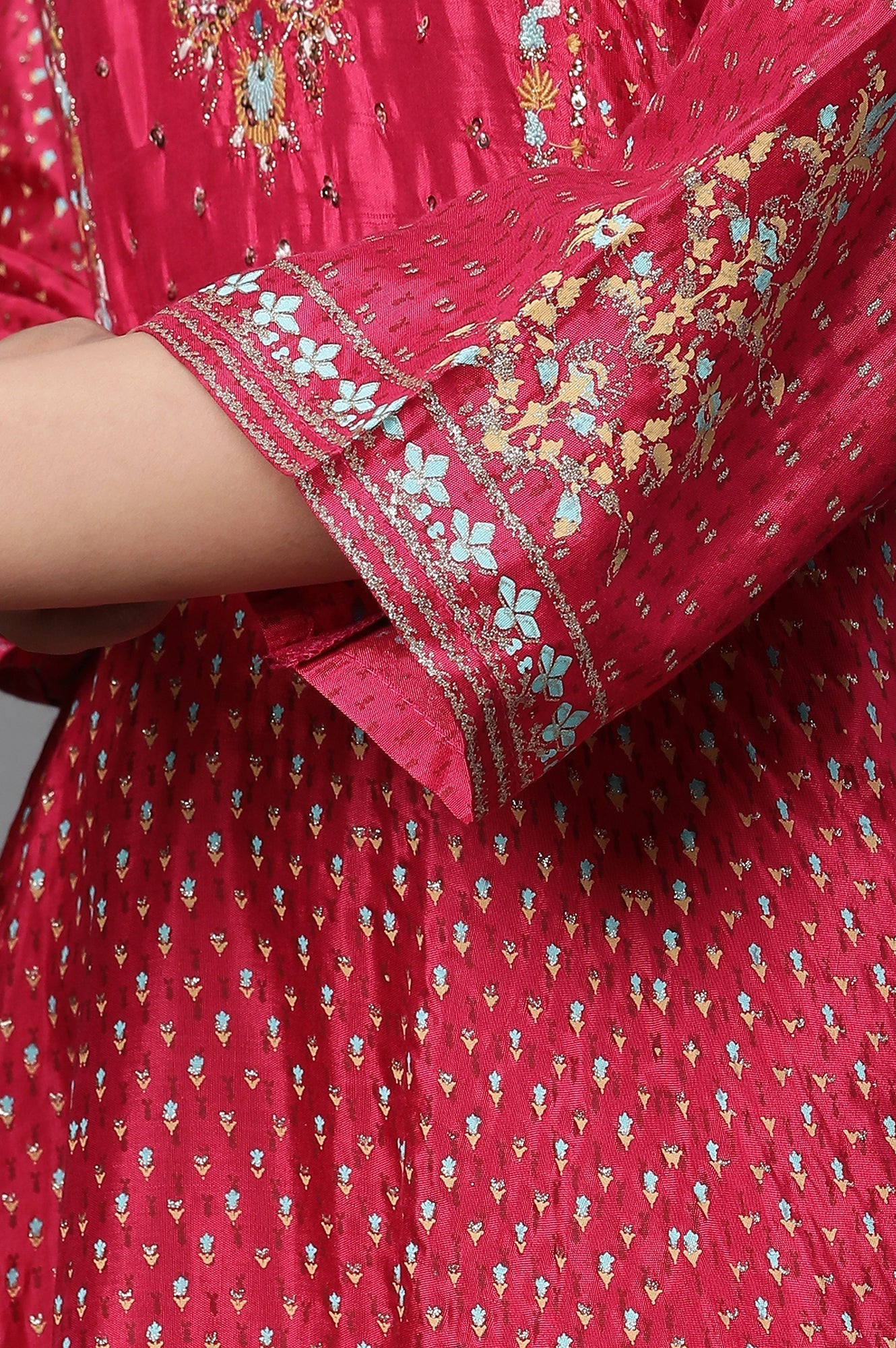 W for Woman Pink Glitter Printed Kalidar Dress And Dupatta Set