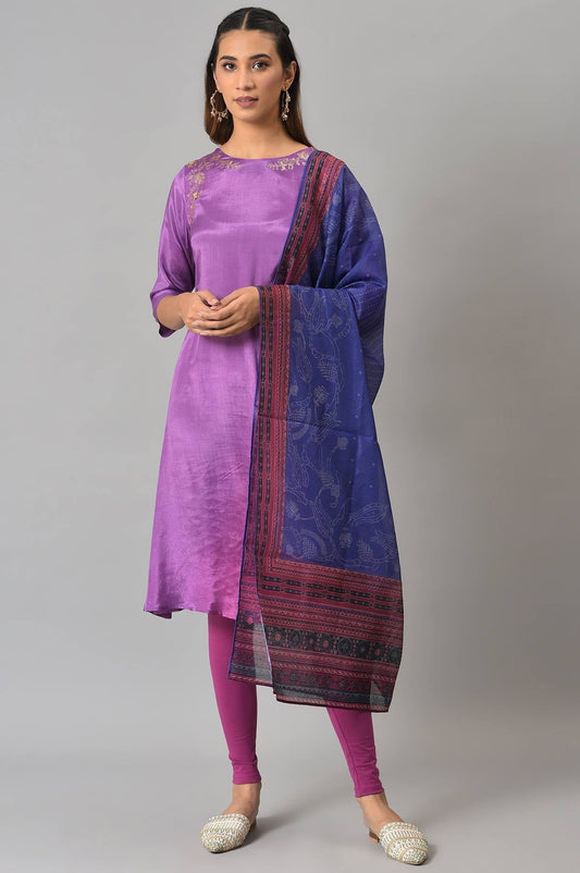 W for Woman Dark Purple Ombre Cowl kurta With Tights And Bandhani Dupatta