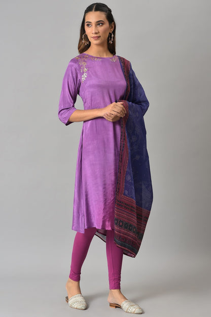 W for Woman Dark Purple Ombre Cowl kurta With Tights And Bandhani Dupatta