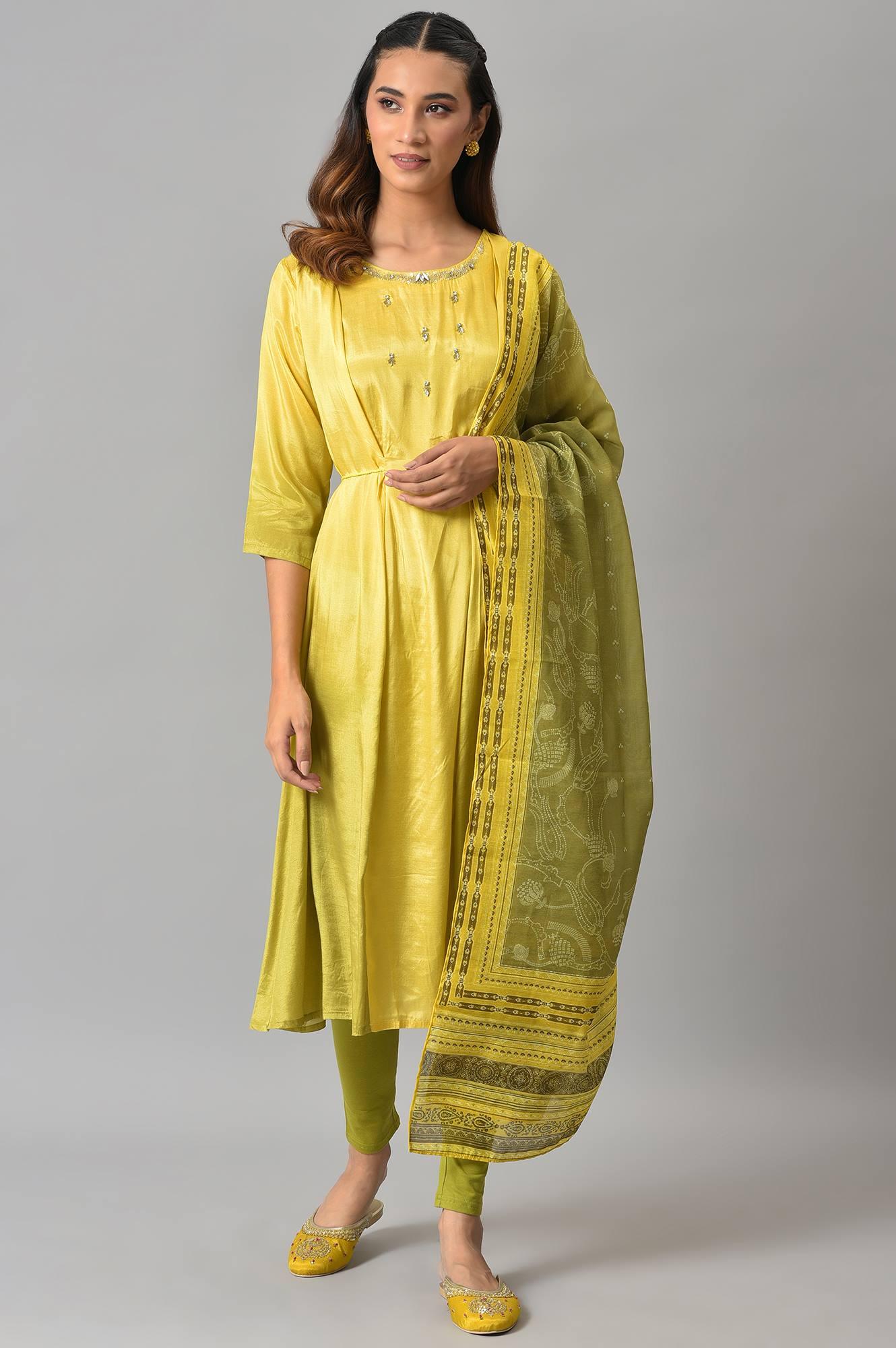 W for Woman Lemon Yellow and Olive Green Printed Kurta with Tights and Dupatta Set