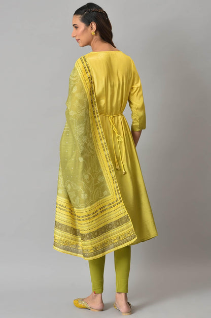 W for Woman Lemon Yellow and Olive Green Printed Kurta with Tights and Dupatta Set