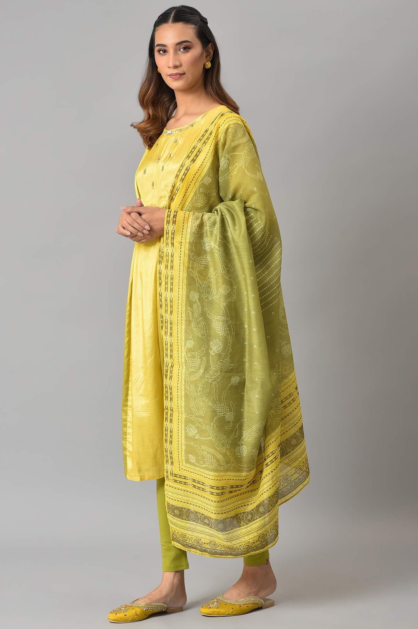 W for Woman Lemon Yellow and Olive Green Printed Kurta with Tights and Dupatta Set