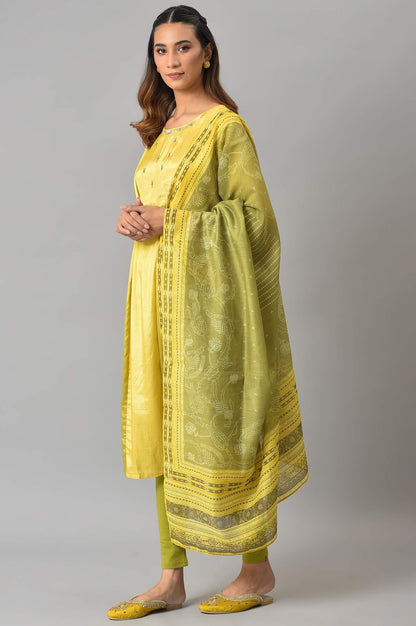W for Woman Lemon Yellow and Olive Green Printed Kurta with Tights and Dupatta Set