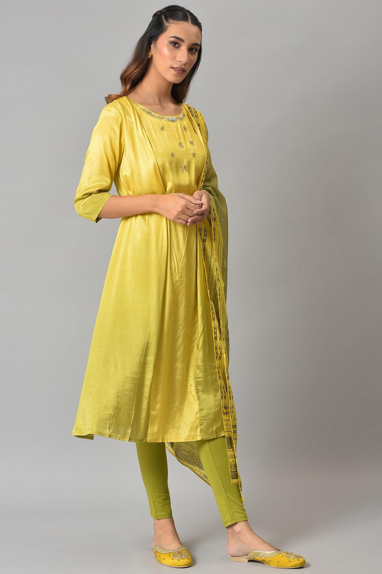 W for Woman Lemon Yellow and Olive Green Printed Kurta with Tights and Dupatta Set