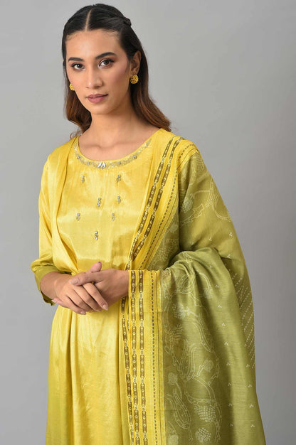 W for Woman Lemon Yellow and Olive Green Printed Kurta with Tights and Dupatta Set