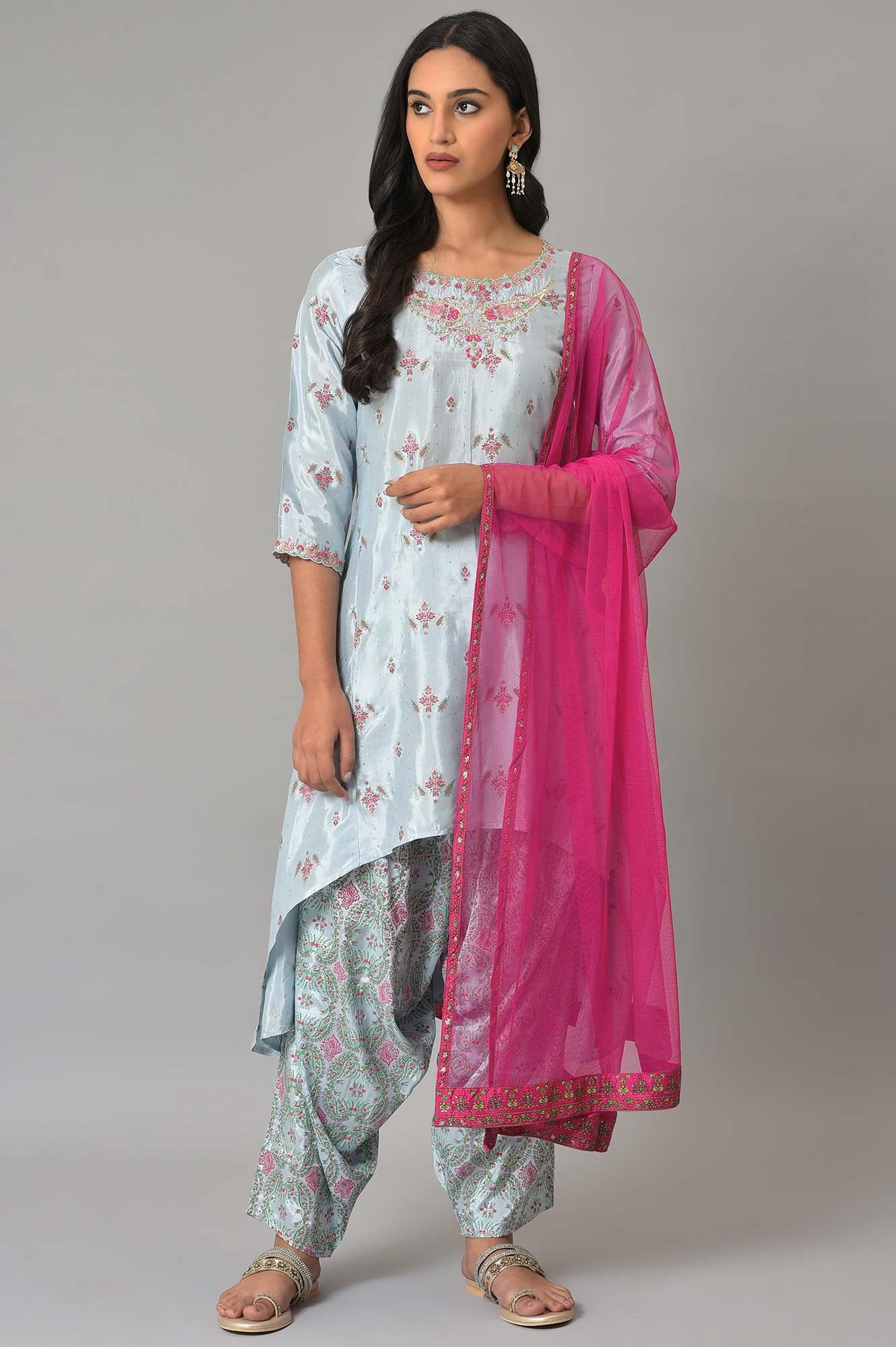 W for Woman Light Blue Paisley Print High-Low kurta With Draped Pants And Pink Dupatta