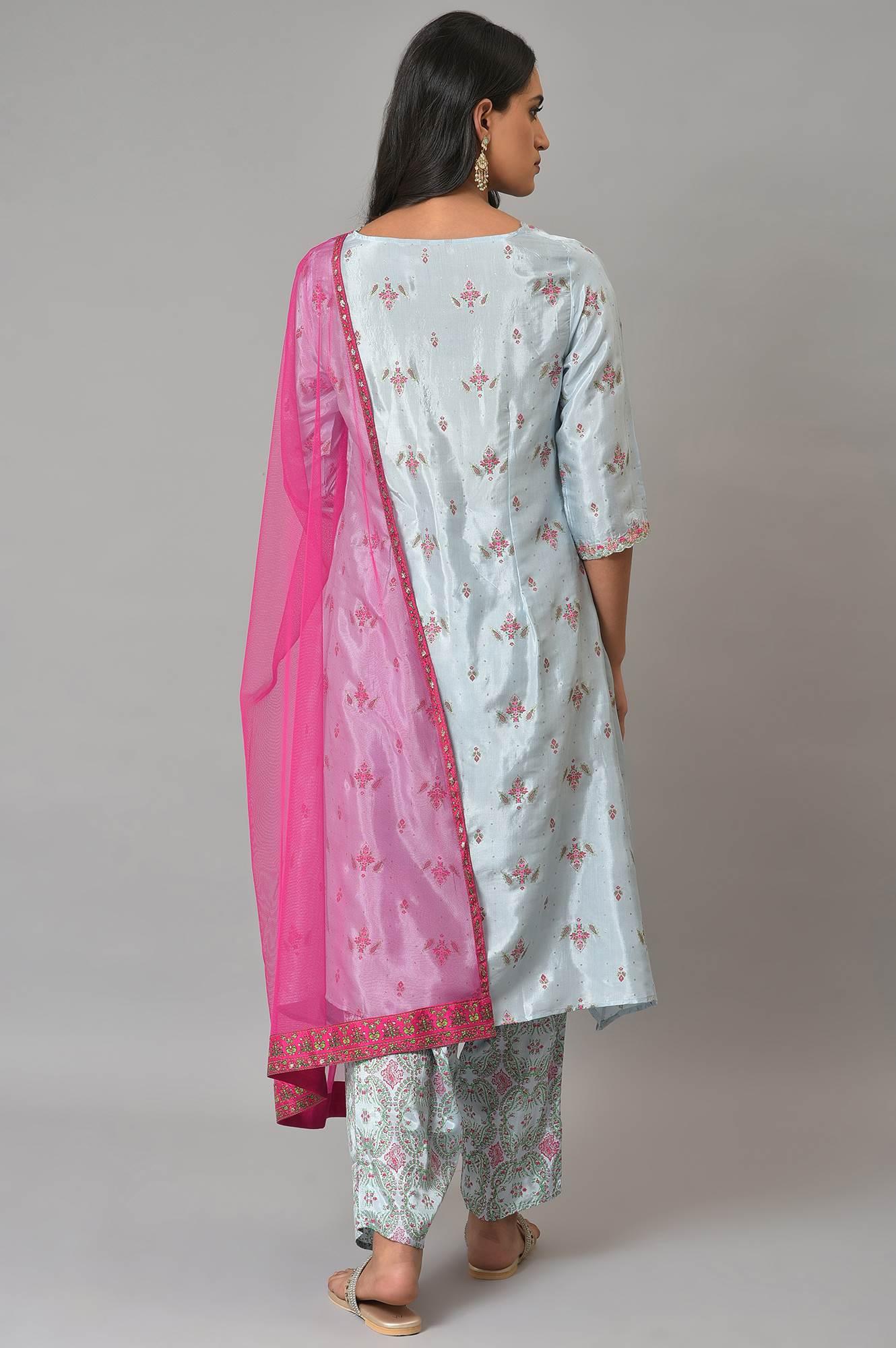 W for Woman Light Blue Paisley Print High-Low kurta With Draped Pants And Pink Dupatta