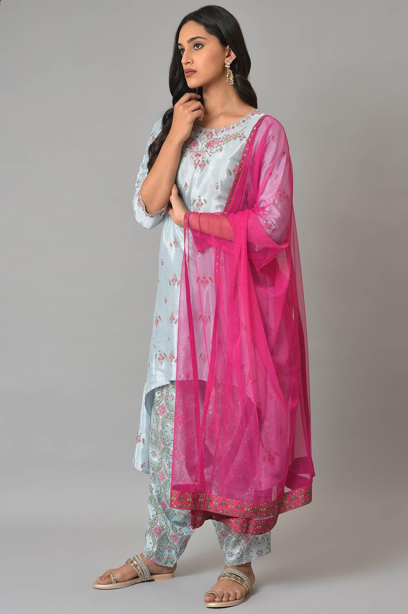 W for Woman Light Blue Paisley Print High-Low kurta With Draped Pants And Pink Dupatta