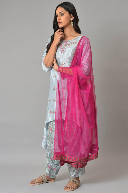 W for Woman Light Blue Paisley Print High-Low kurta With Draped Pants And Pink Dupatta