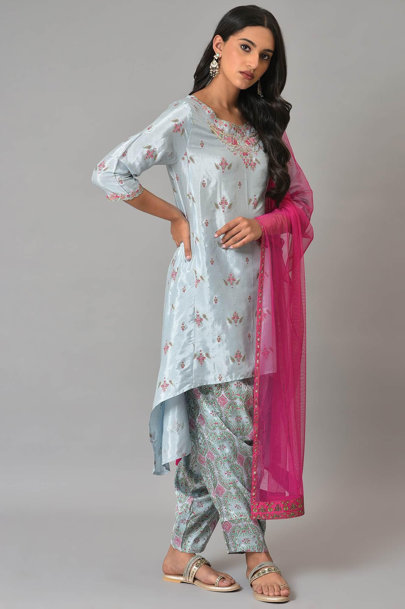 W for Woman Light Blue Paisley Print High-Low kurta With Draped Pants And Pink Dupatta