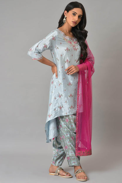 W for Woman Light Blue Paisley Print High-Low kurta With Draped Pants And Pink Dupatta