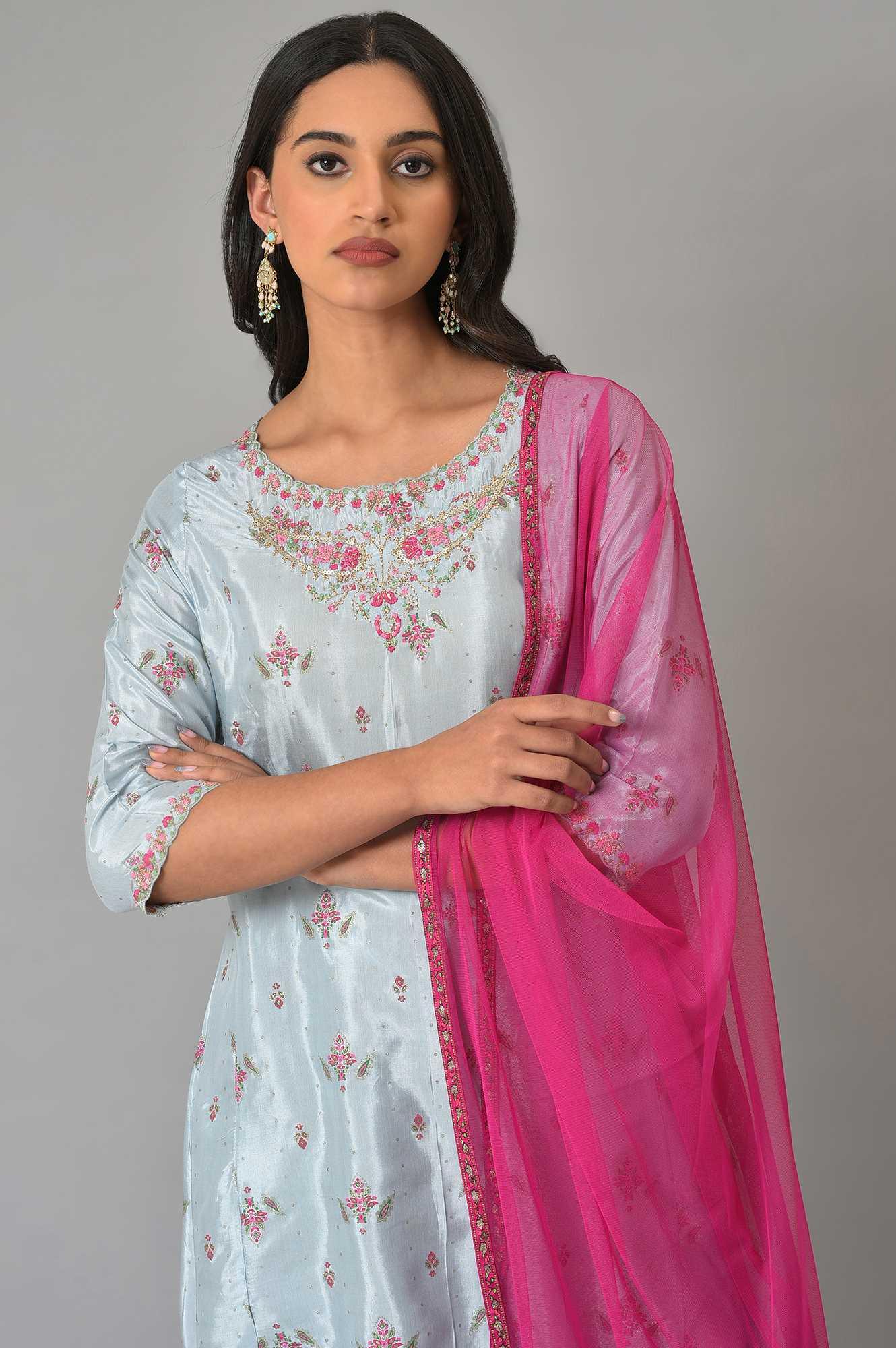 W for Woman Light Blue Paisley Print High-Low kurta With Draped Pants And Pink Dupatta