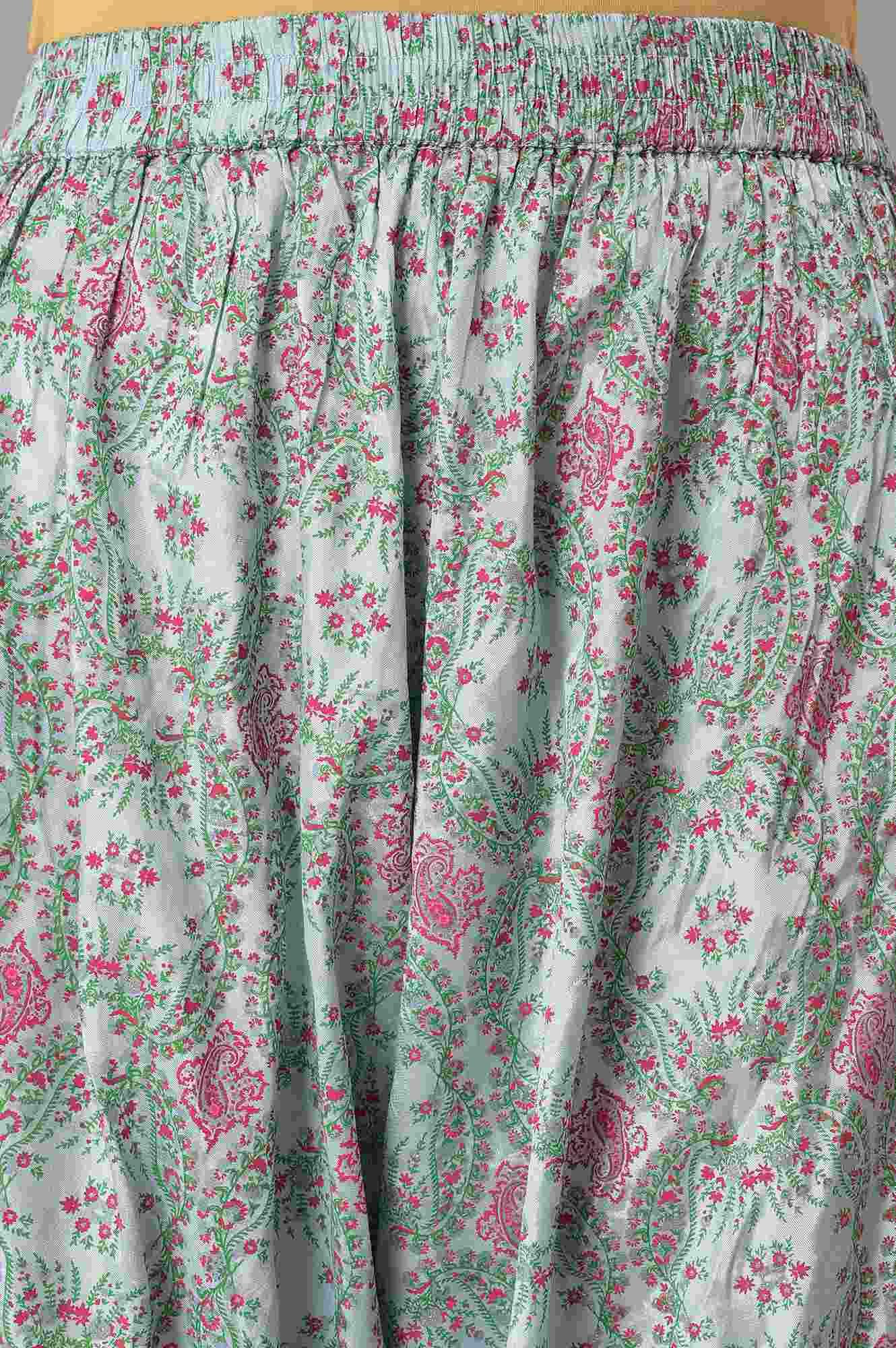 W for Woman Light Blue Paisley Print High-Low kurta With Draped Pants And Pink Dupatta