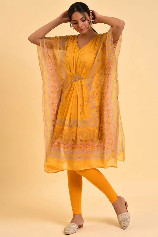W for Woman Light Mustard Printed Kaftan With Yellow Tights