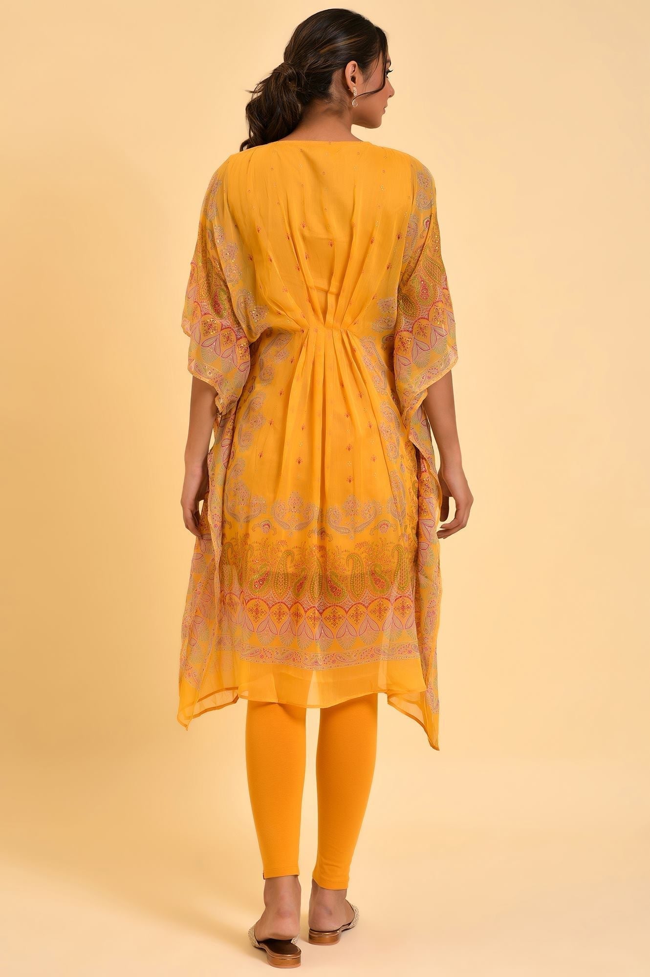 W for Woman Light Mustard Printed Kaftan With Yellow Tights