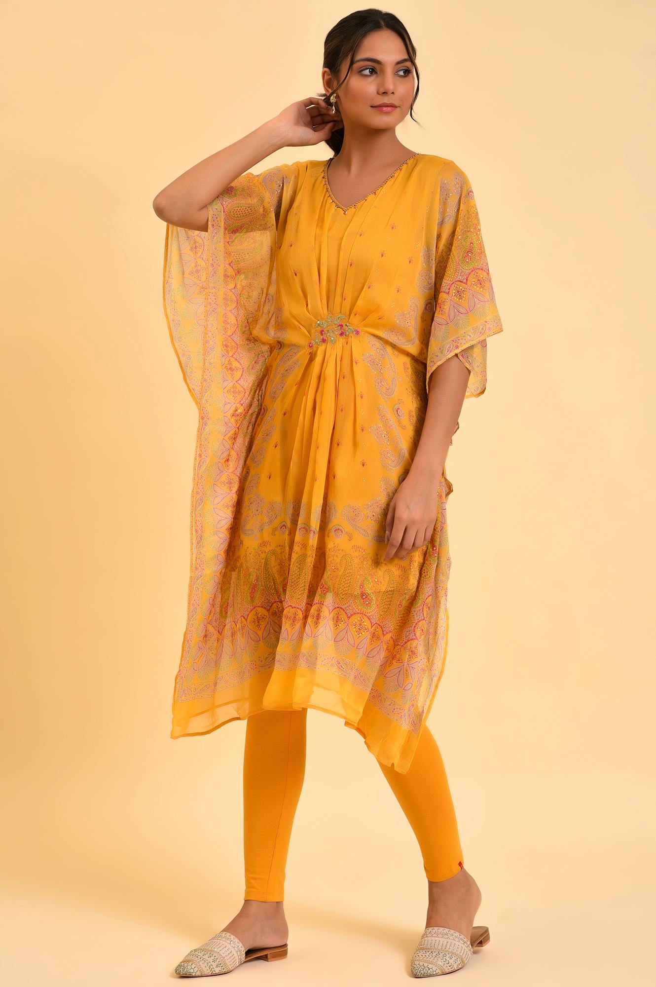 W for Woman Light Mustard Printed Kaftan With Yellow Tights