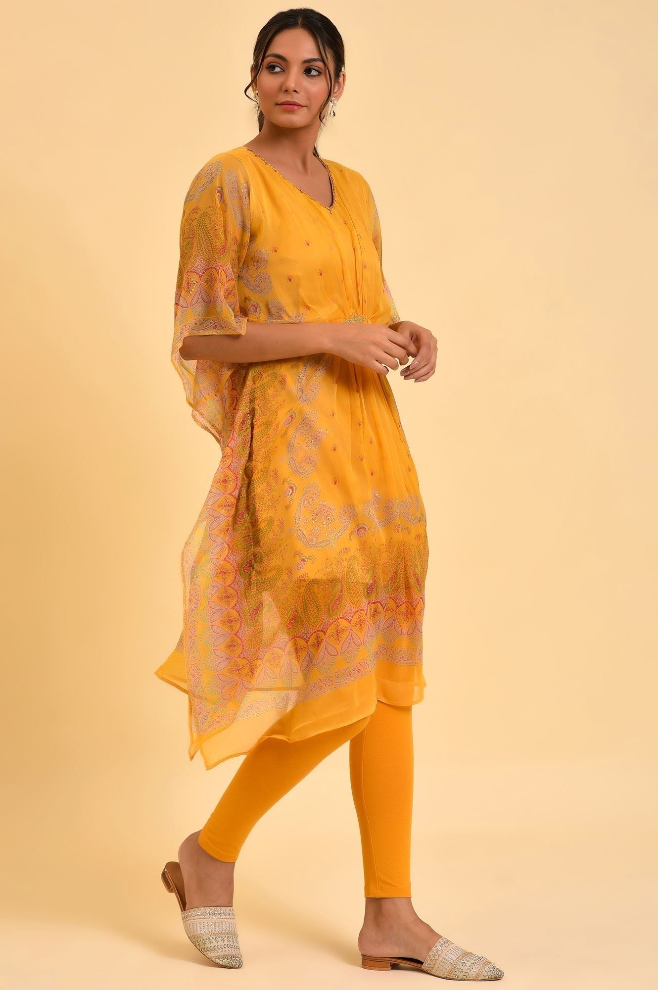 W for Woman Light Mustard Printed Kaftan With Yellow Tights