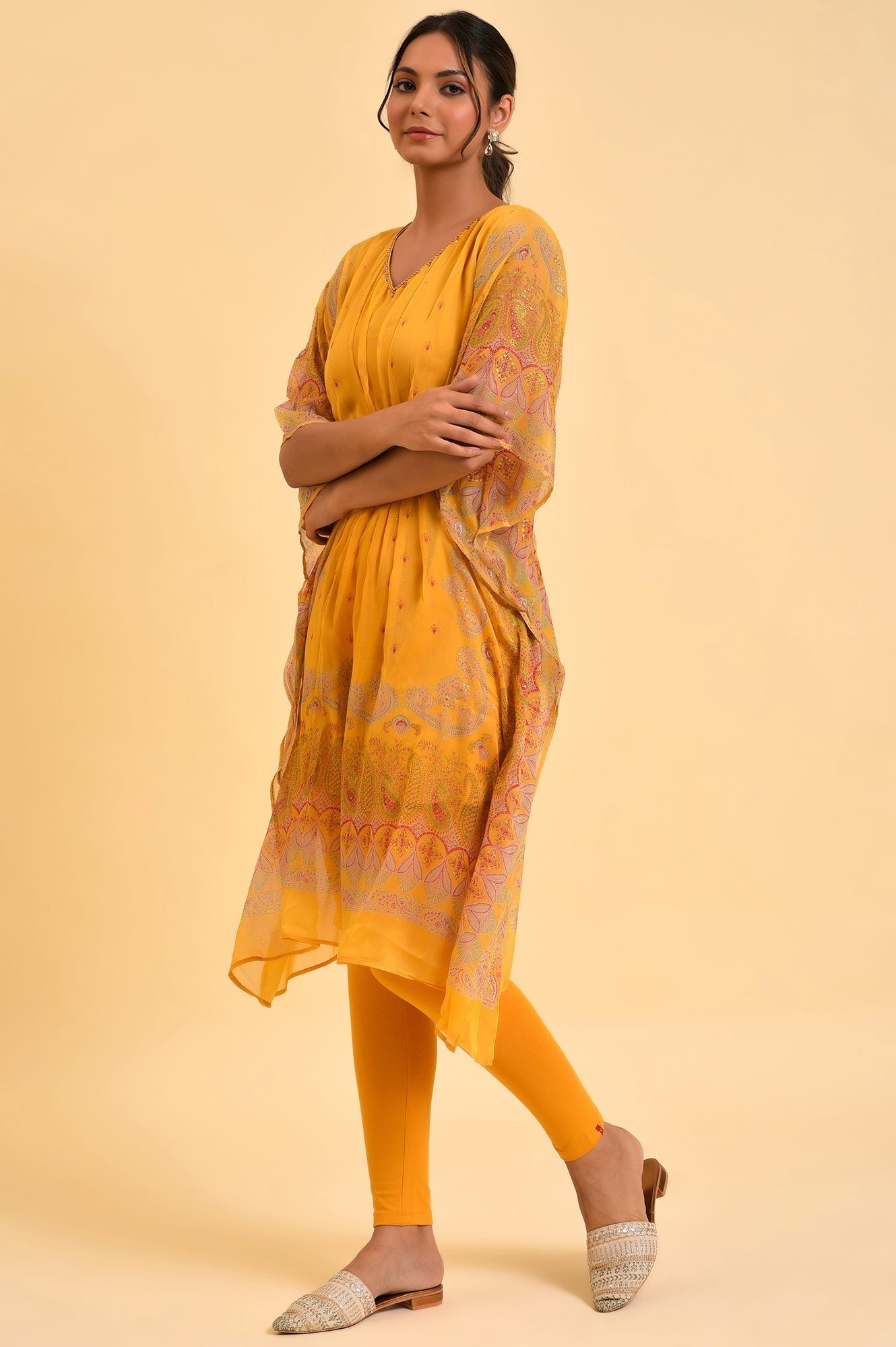 W for Woman Light Mustard Printed Kaftan With Yellow Tights