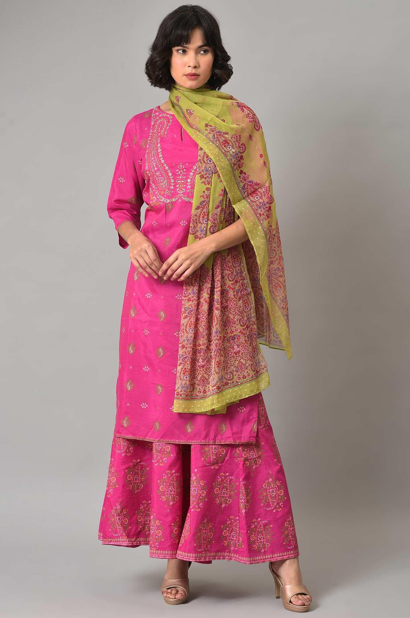 W for Woman Pink Glitter Printed Kurta, Culottes and Green Dupatta Set