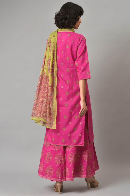 W for Woman Pink Glitter Printed Kurta, Culottes and Green Dupatta Set