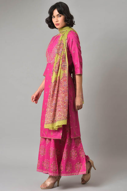 W for Woman Pink Glitter Printed Kurta, Culottes and Green Dupatta Set