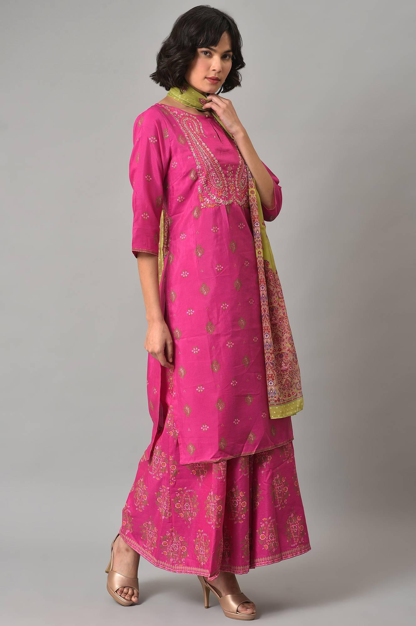W for Woman Pink Glitter Printed Kurta, Culottes and Green Dupatta Set