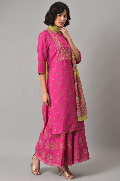 W for Woman Pink Glitter Printed Kurta, Culottes and Green Dupatta Set