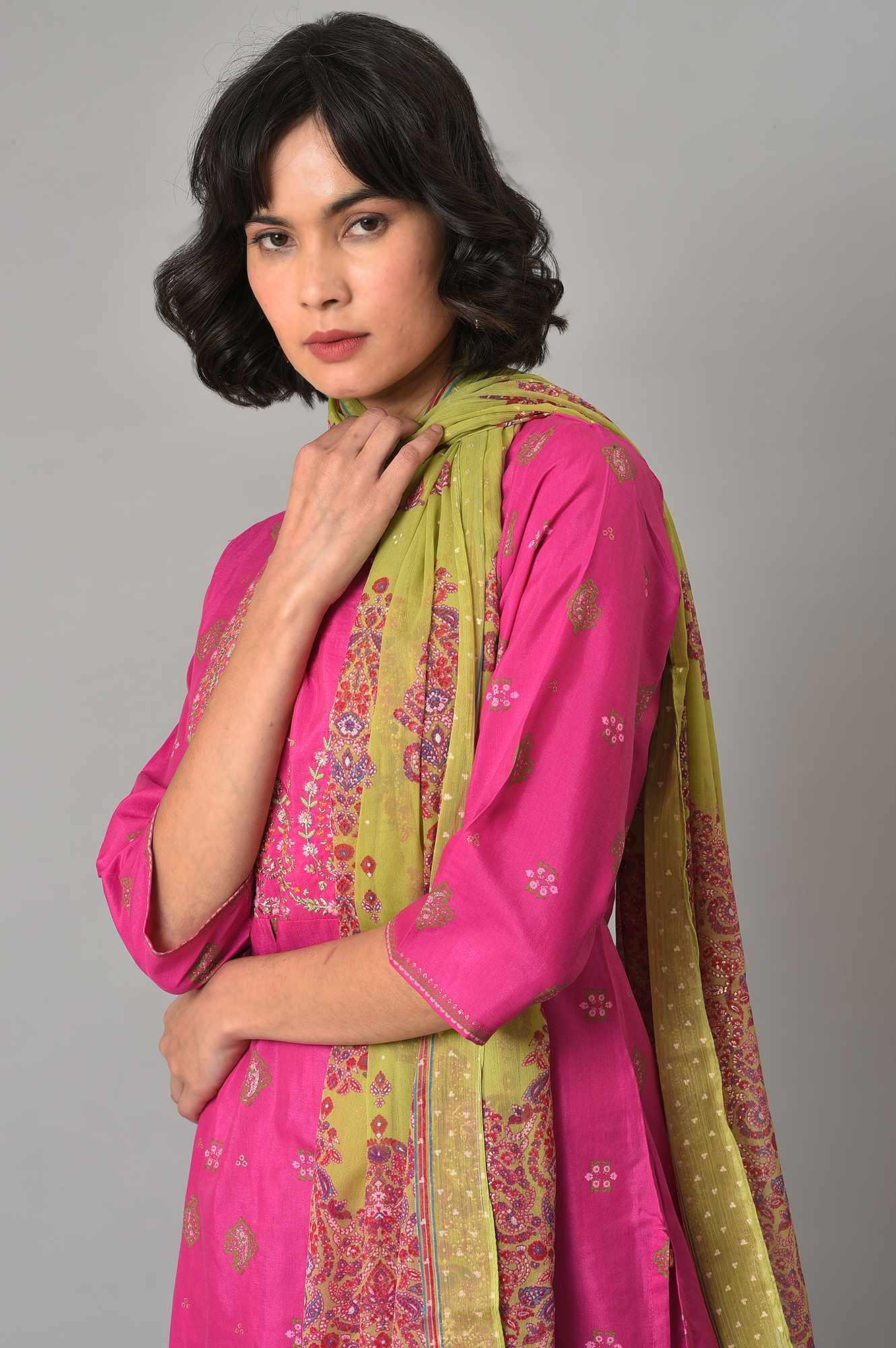 W for Woman Pink Glitter Printed Kurta, Culottes and Green Dupatta Set