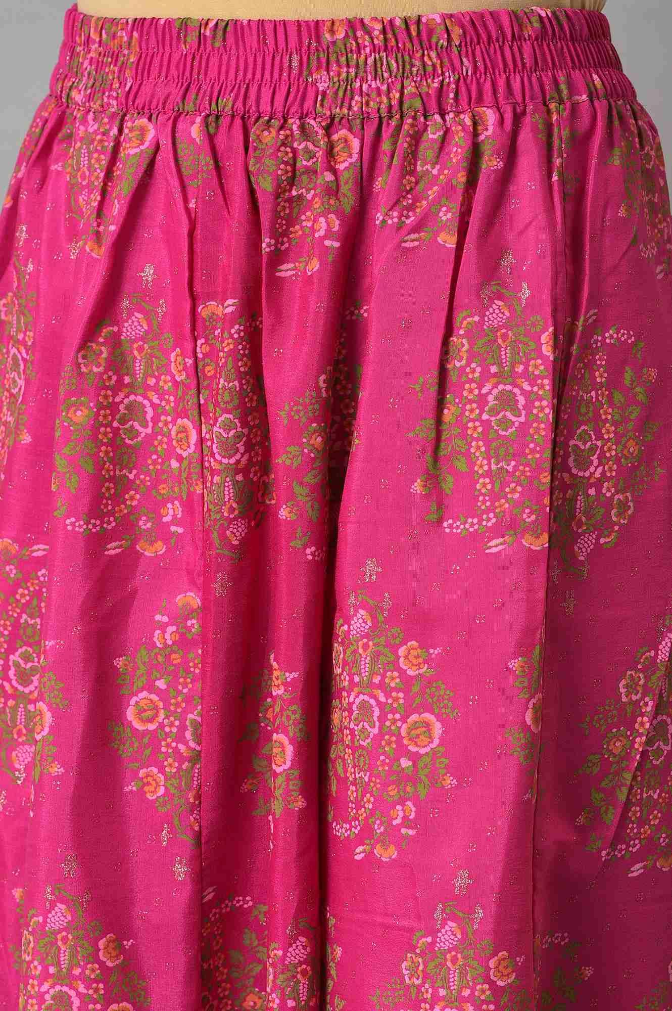 W for Woman Pink Glitter Printed Kurta, Culottes and Green Dupatta Set
