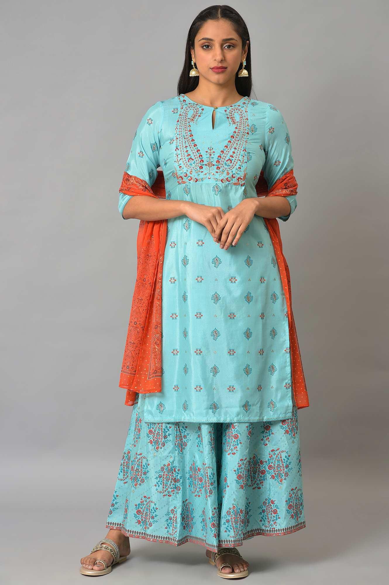 W for Woman Blue Glitter Printed kurta And Culottes With Red Dupatta