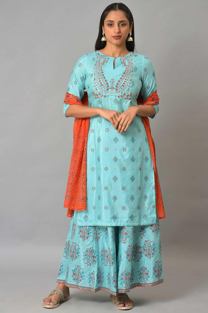 W for Woman Blue Glitter Printed kurta And Culottes With Red Dupatta