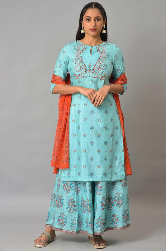 W for Woman Blue Glitter Printed kurta And Culottes With Red Dupatta