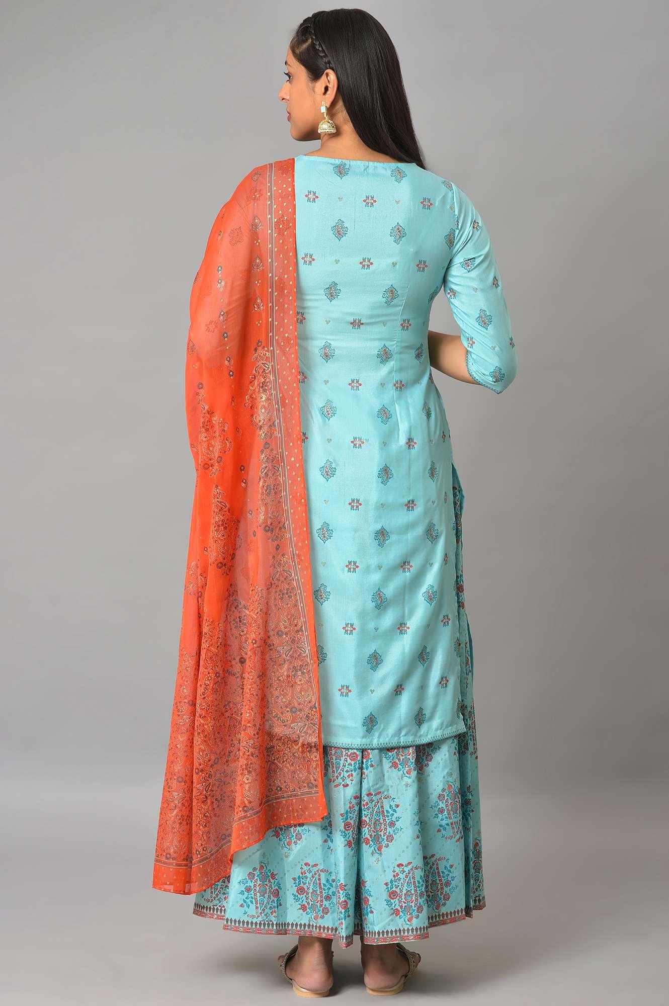 W for Woman Blue Glitter Printed kurta And Culottes With Red Dupatta