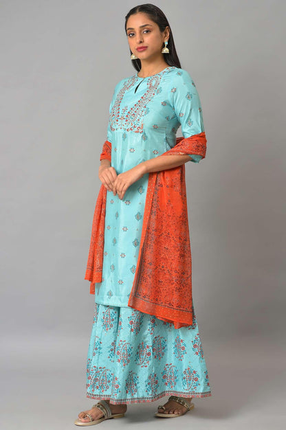 W for Woman Blue Glitter Printed kurta And Culottes With Red Dupatta